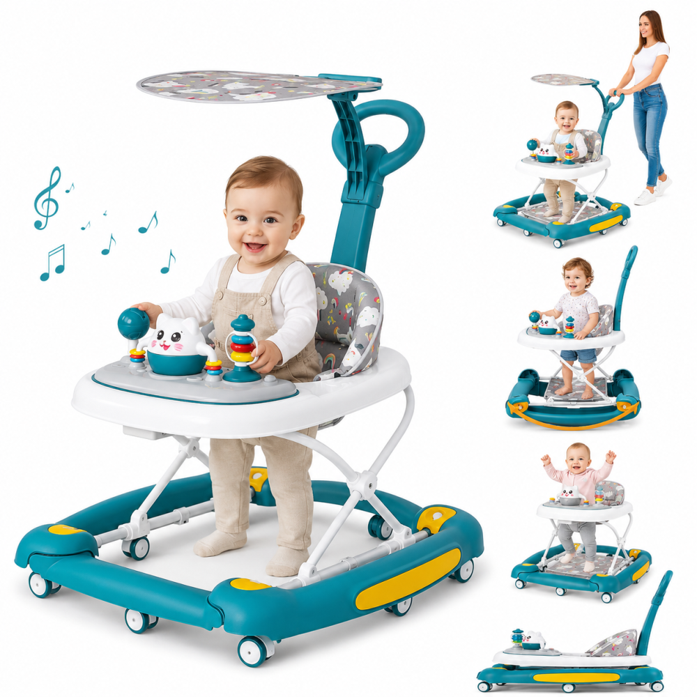 Premergator bebe 4 in 1 albastru cu functie balansoar, roti silicon si panou interactiv [4]