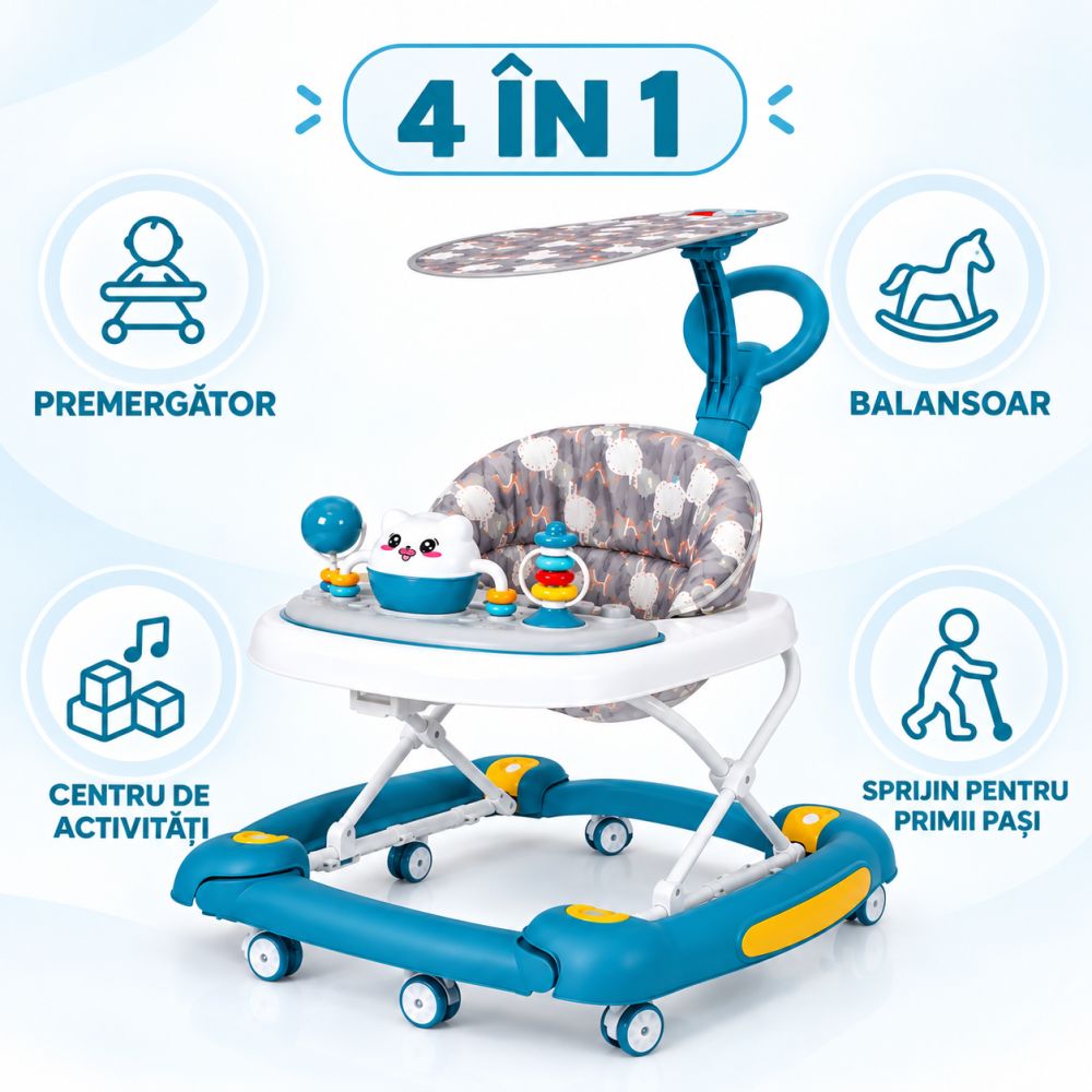 Premergator bebe 4 in 1 albastru cu functie balansoar, roti silicon si panou interactiv, 6-18 luni [5]