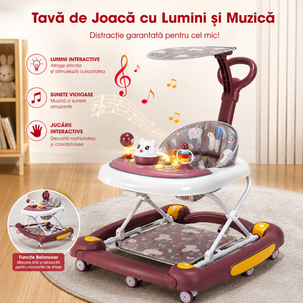 Premergator bebe 4 in 1 visiniu cu functie balansoar, roti silicon si panou interactiv [4]