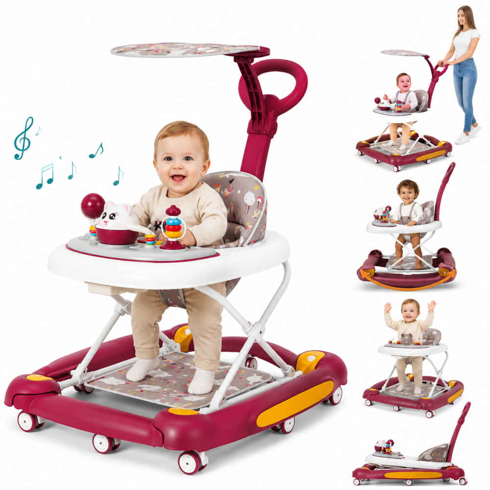 Premergator bebe 4 in 1 visiniu cu functie balansoar, roti silicon si panou interactiv [3]