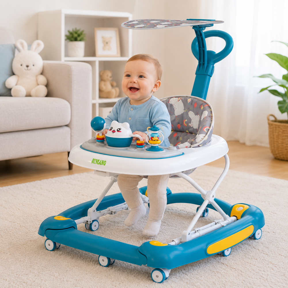 Premergator bebe 4 in 1 albastru cu functie balansoar, roti silicon si panou interactiv [2]