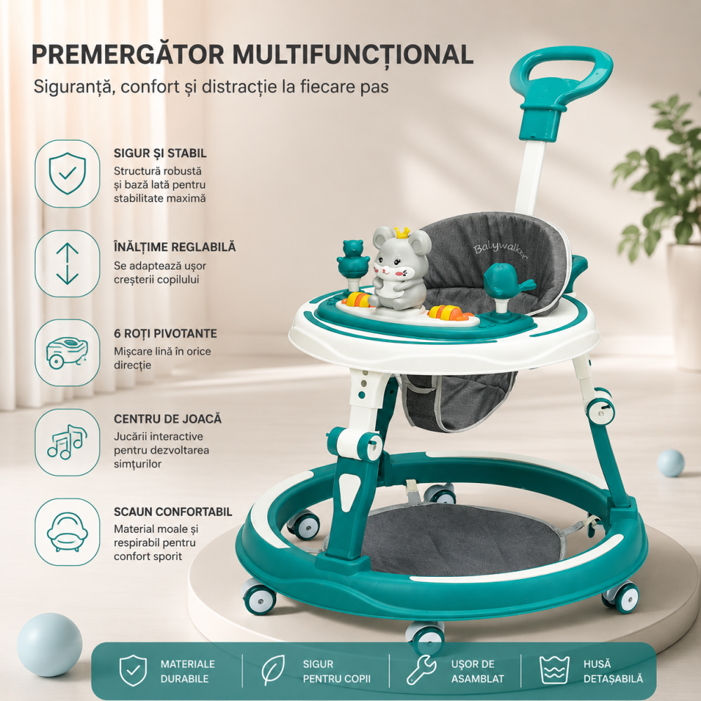 Premergator reglabil pe inaltime B9 verde cu lumini, sunete si maner parental [2]