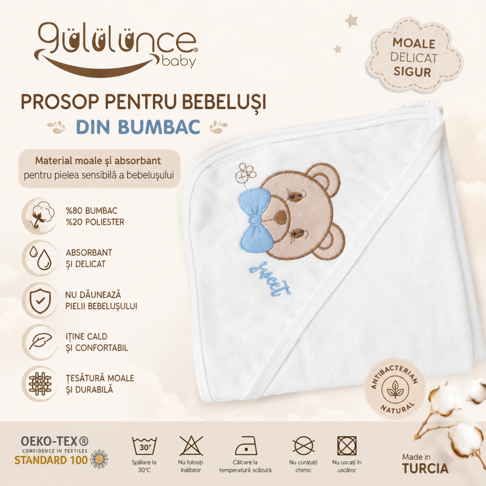 Prosop cu gluga pentru bebelusi baieti Gulunce bumbac alb 0-12 luni [2]