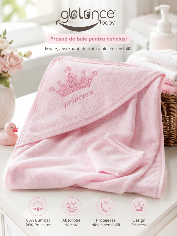 Prosop cu gluga pentru fetite Princess, broderie coroana, GULUNCE BABY, 1-2 ani, 75x75 cm [2]