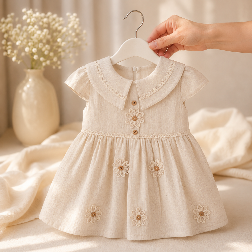 Rochita eleganta fete bej cu flori decorative ebruly [2]