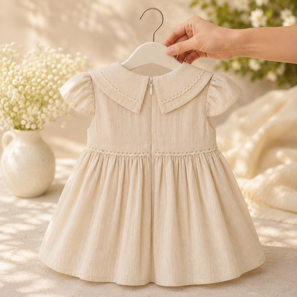 Rochita eleganta fete bej cu flori decorative ebruly [3]