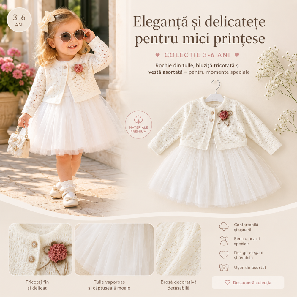 Rochita eleganta fetite Bulsen 100% bumbac alb crem 2-3-4 ani [3]