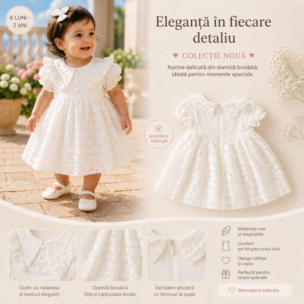 Rochita eleganta fetite MYMIO 100% bumbac alb 3-24 luni [3]