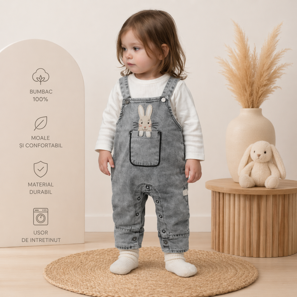 Salopeta bebe fetite gri cu bluzita alba si imprimeu iepuras Murat [4]