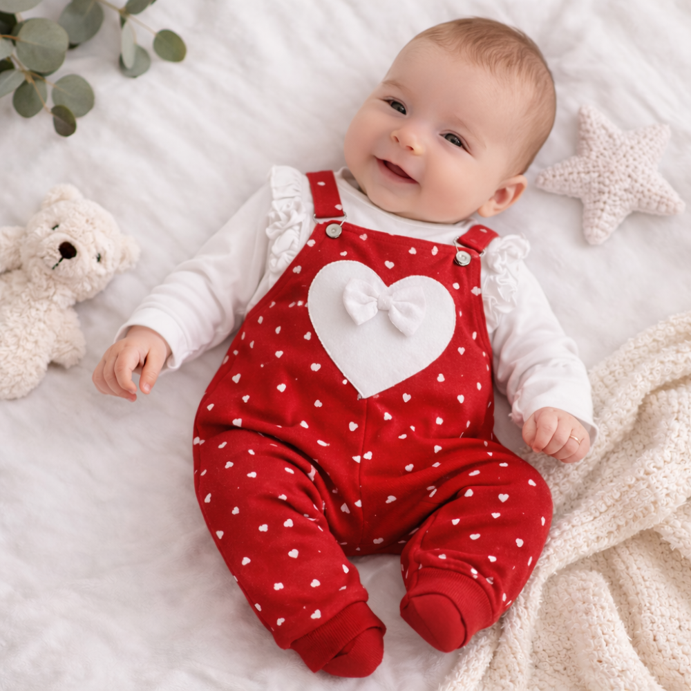 Salopeta pentru fetite, 2 piese, model Little heart, Rosu [3]