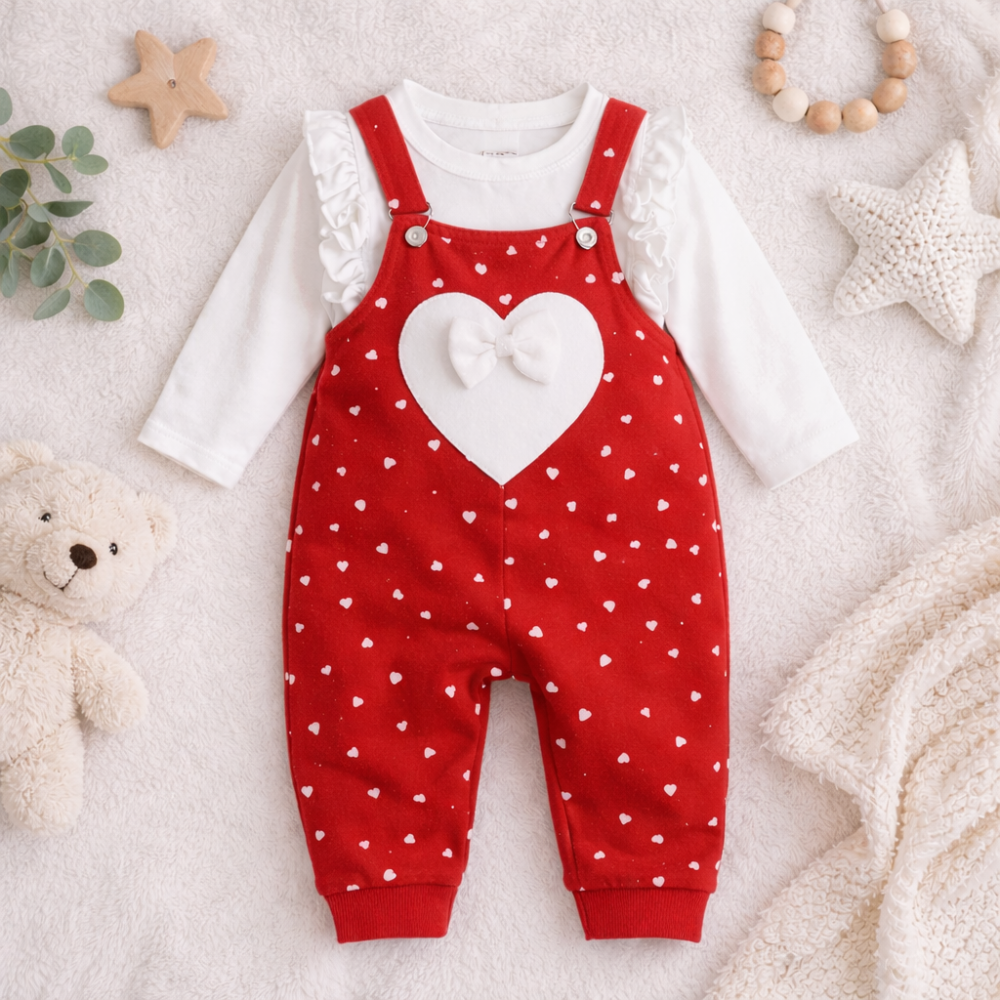 Salopeta pentru fetite, 2 piese, model Little heart, Rosu [2]