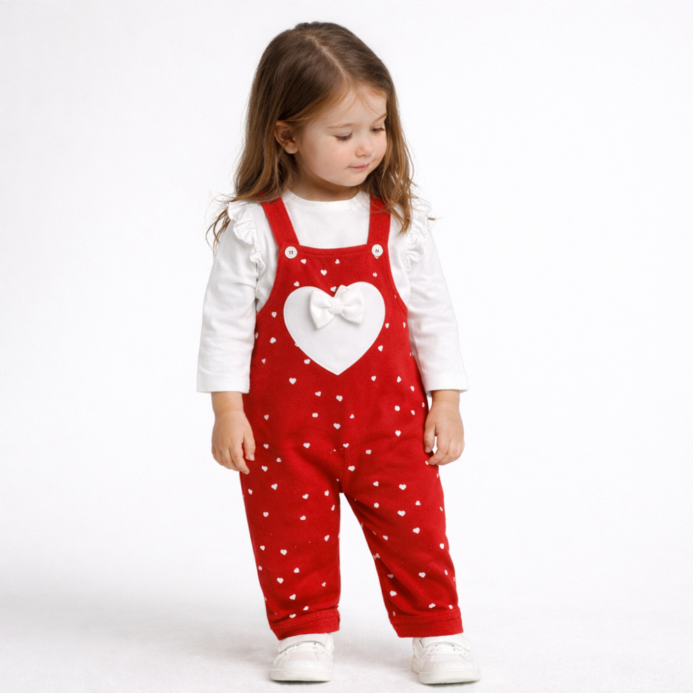 Salopeta pentru fetite, 2 piese, model Little heart, Rosu [4]