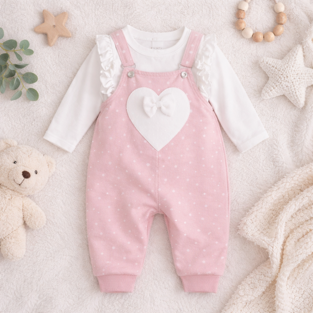 Salopeta pentru fetite, 2 piese, model Little heart, Roz [2]