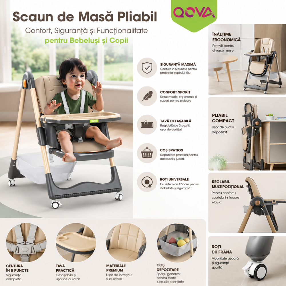 Scaun de masa bebe crem pliabil cu 2 tavite si Husa Detasabile, spatar reglabil si roti [3]
