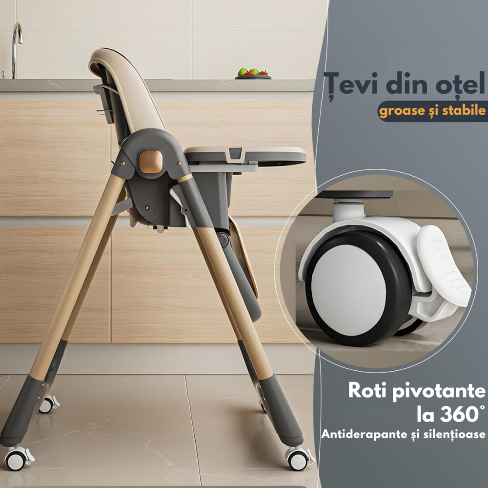 Scaun de masa bebe crem pliabil cu 2 tavite si Husa Detasabile, spatar reglabil si roti [4]