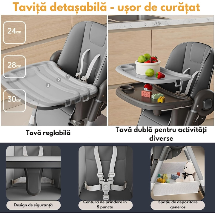 Scaun de masa bebe gri pliabil cu 2 tavite si Husa Detasabile, spatar reglabil si roti [6]