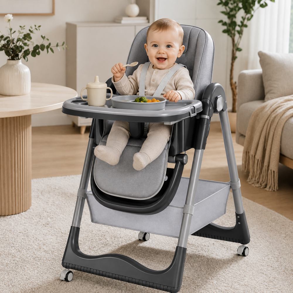 Scaun de masa bebe gri pliabil cu 2 tavite si Husa Detasabile, spatar reglabil si roti [7]