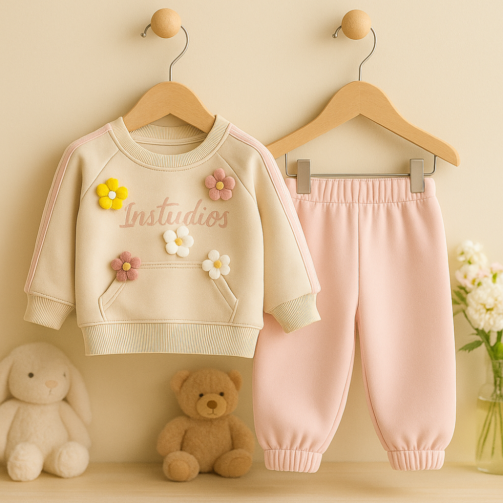 Set 2 piese bluza cu aplicatii florale 3D si pantaloni Bumbac 100% moale [2]