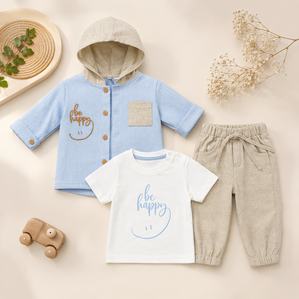 Set 3 piese baieti tricou camasa si pantaloni albastru [2]