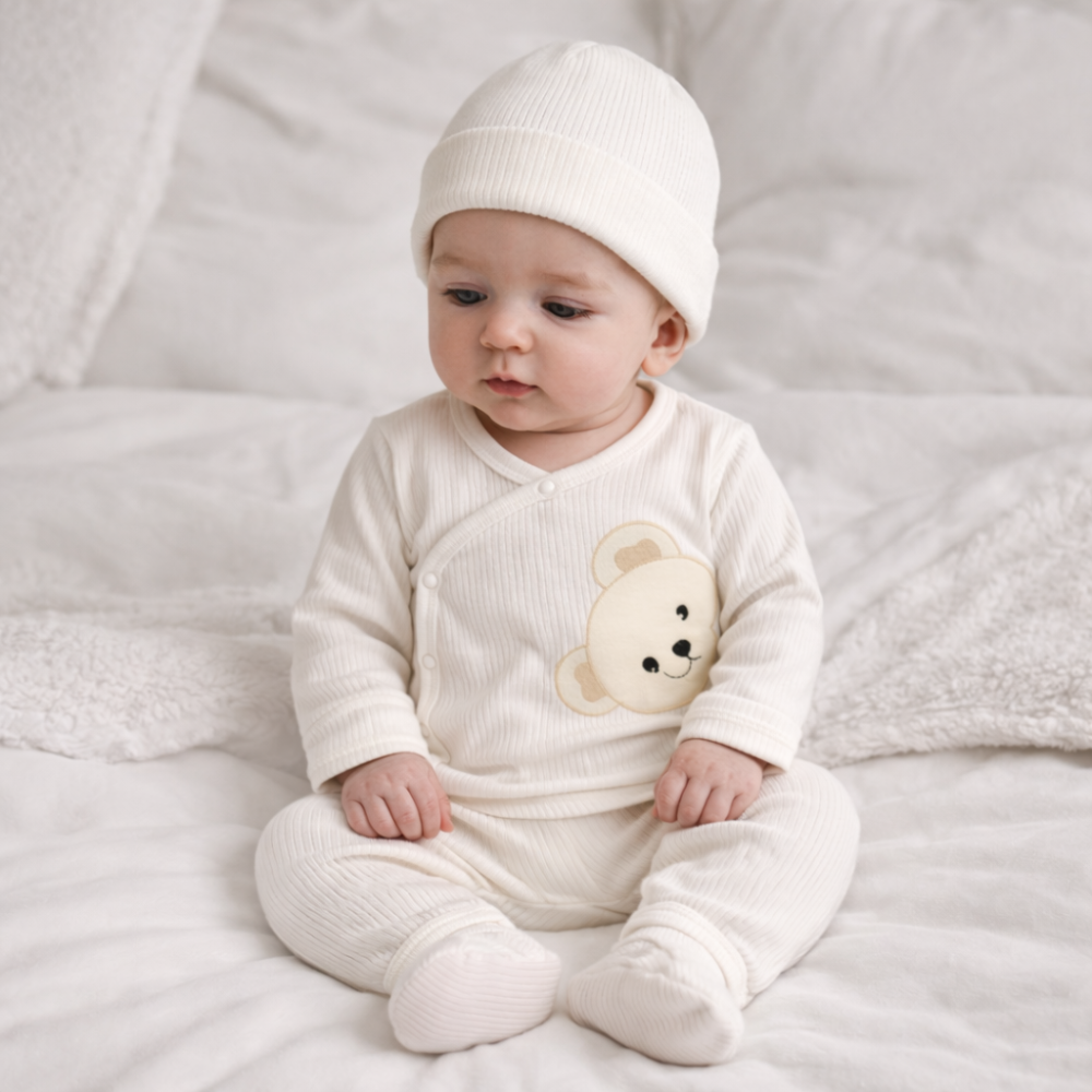 Set 3 piese body caciula si pantaloni nana baby 0-3 luni cu broderie ursulet [2]