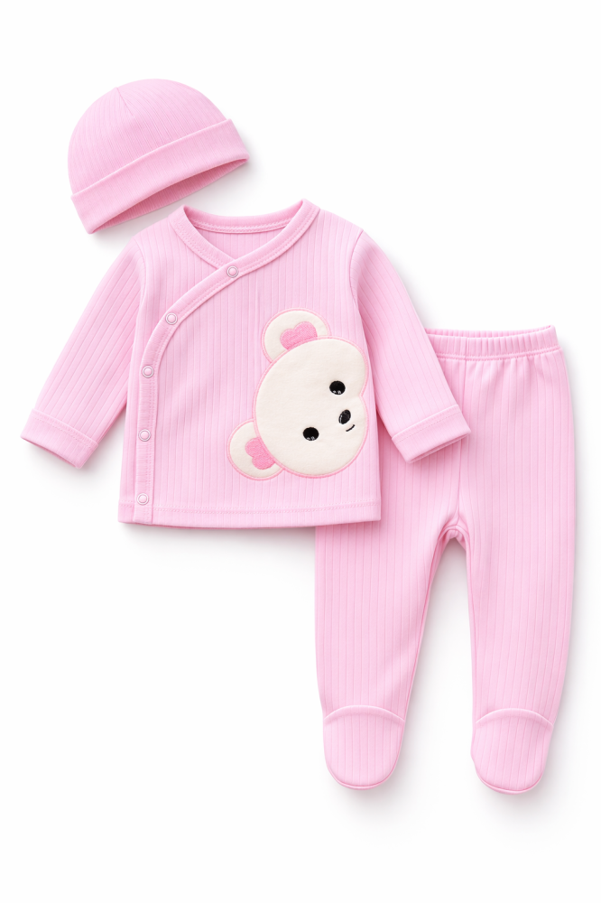 Set 3 piese body caciula si pantaloni nana baby 0-3 luni cu ursulet Roz [2]