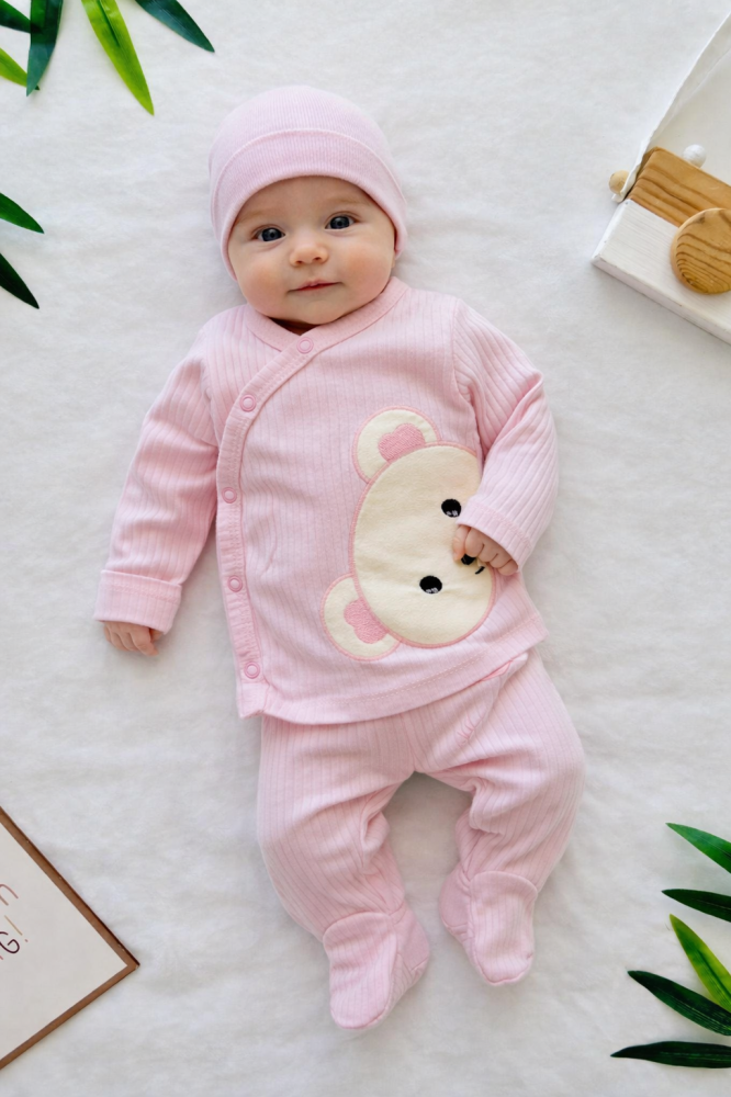 Set 3 piese body caciula si pantaloni nana baby 0-3 luni cu ursulet Roz [3]
