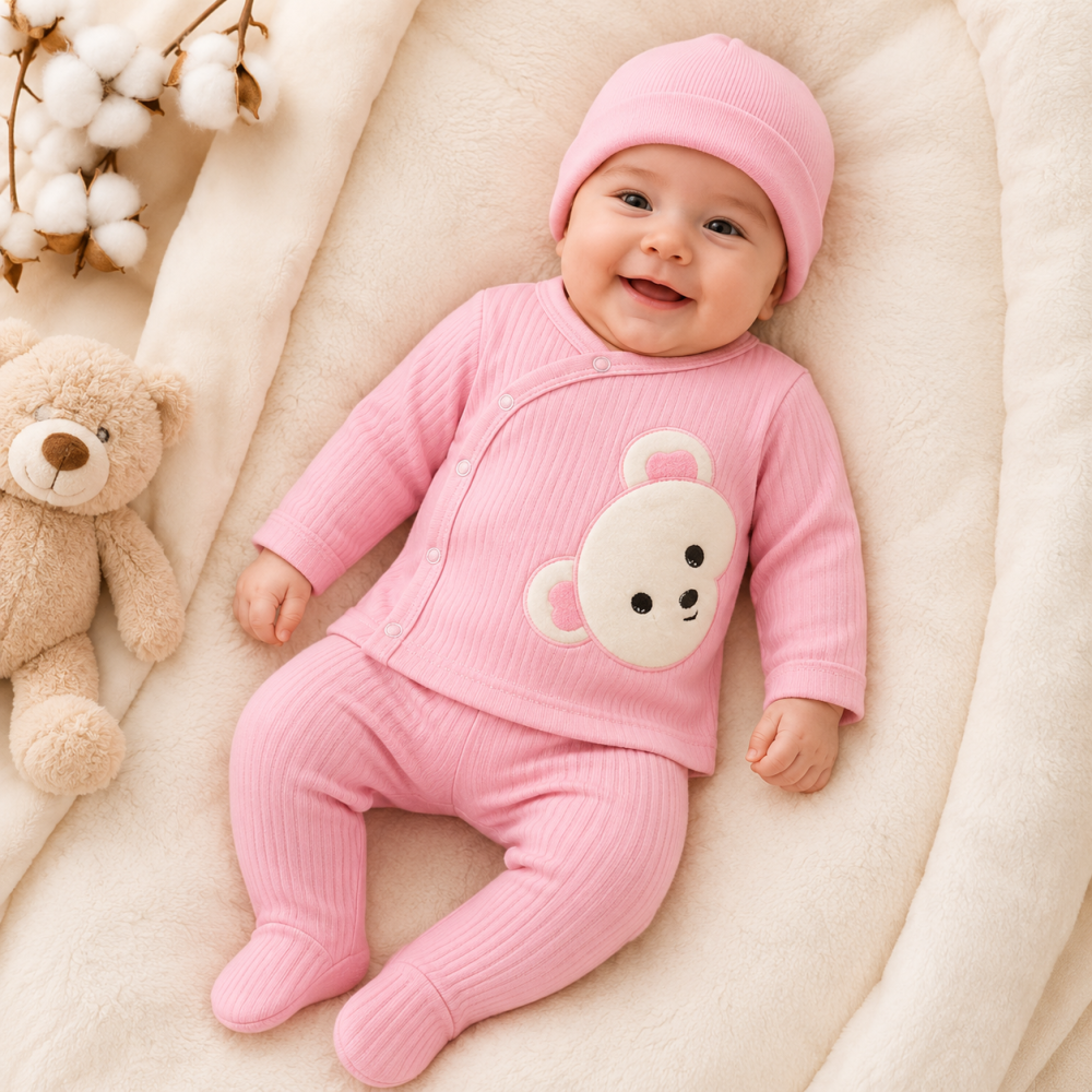 Set 3 piese body caciula si pantaloni nana baby 0-3 luni cu ursulet Roz [2]