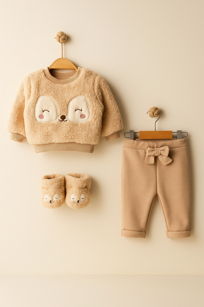 Set 3 piese Welsoft – bluzita, pantaloni si ghetute – material pufos - Crem [3]