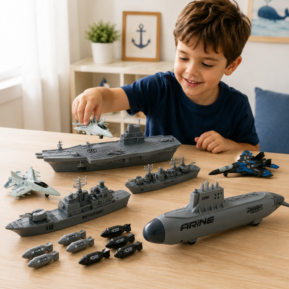 Set Militar Naval cu Submarin, Portavion, Nave de Lupta, Avioane si Proiectile, 17 Piese, 3 Ani+ [7]