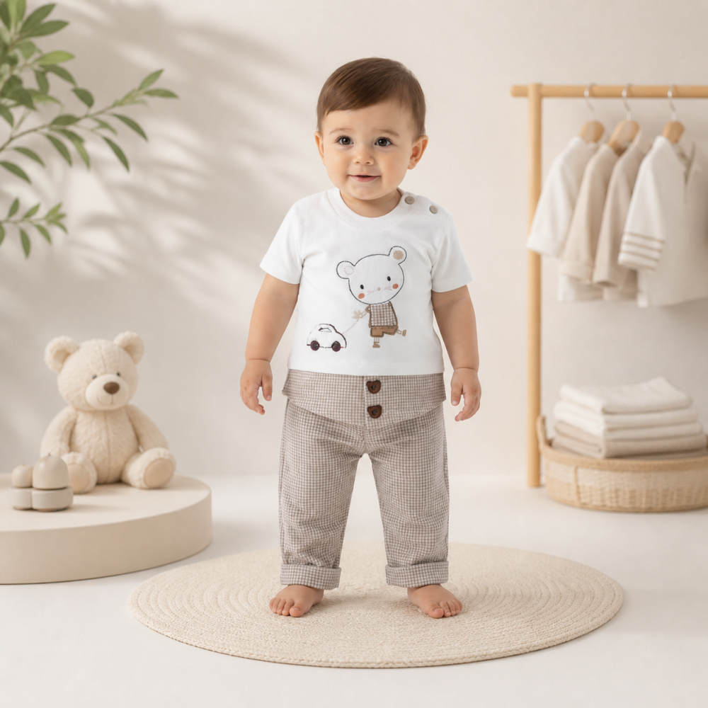Set bebe 2 piese bumbac babyim tricou si pantaloni bej [2]