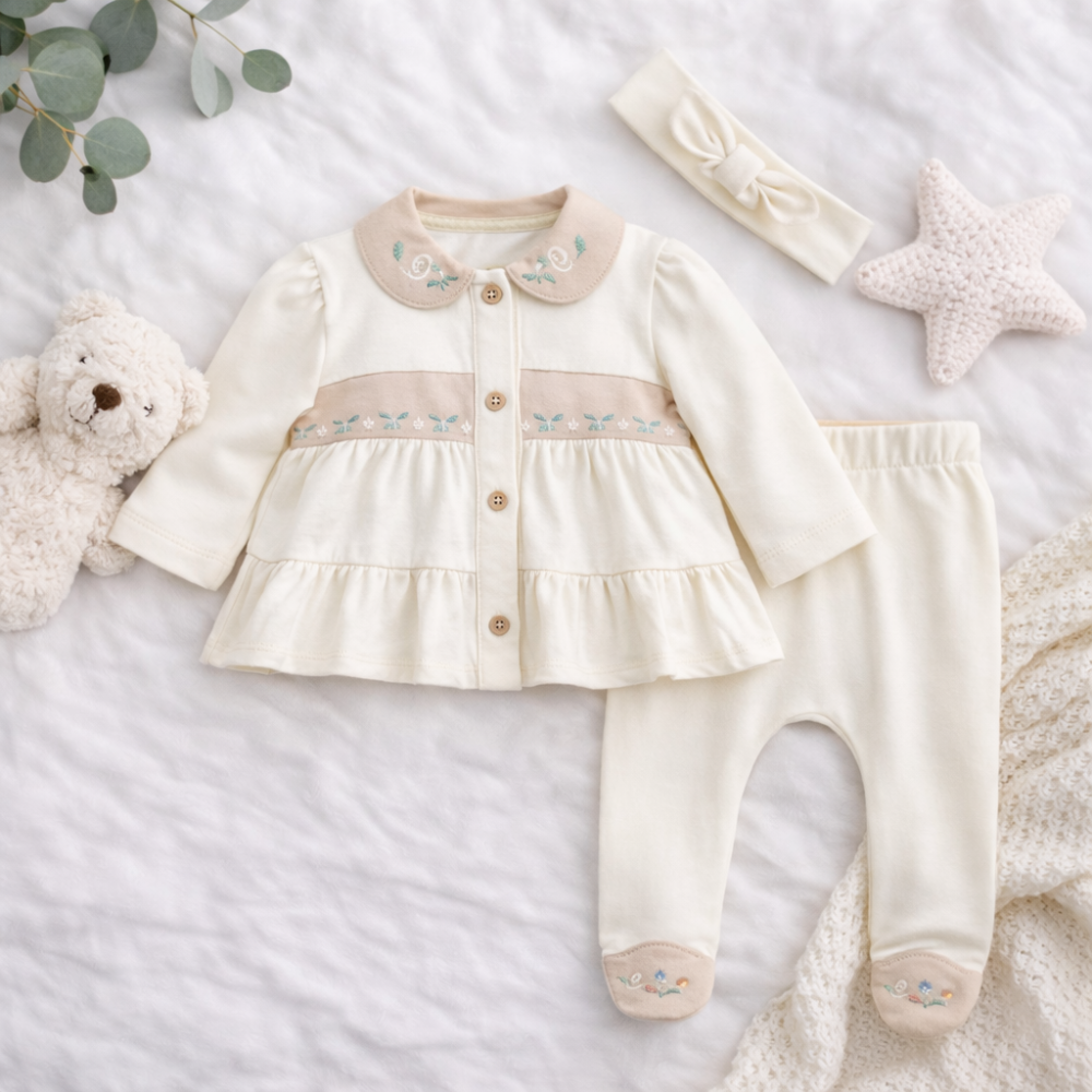 Set bebe 3 piese brodat din bumbac cu bluza stil rochita [2]