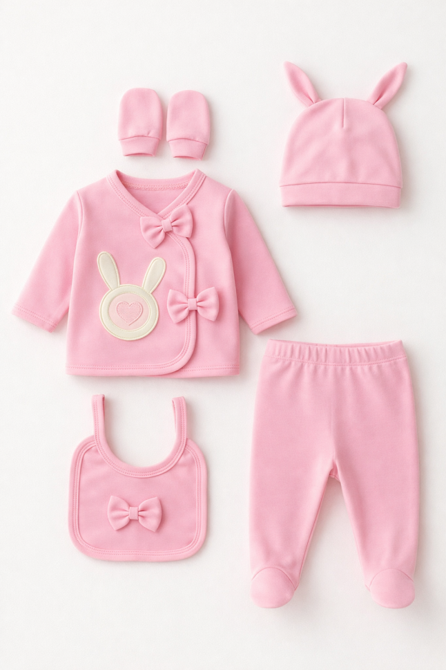 Set bebe 5 piese bumbac iepure roz 0-3 luni [3]