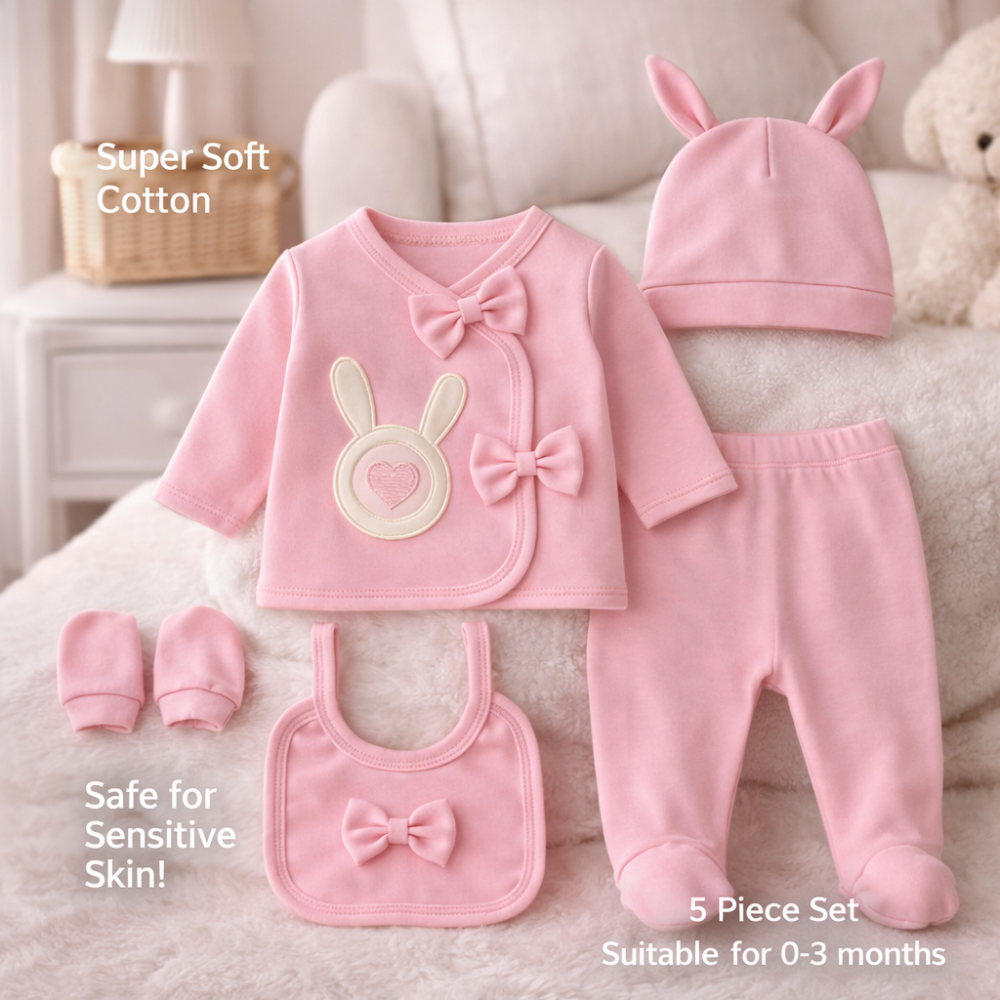 Set bebe 5 piese bumbac iepure roz 0-3 luni [2]