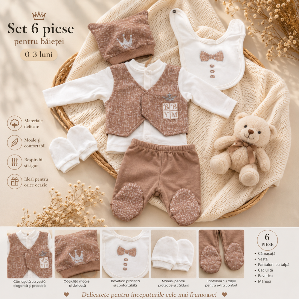 Set bebe Babyim baieti 5 piese body vesta pantaloni caciula si bavetica maro caramel 0-3 luni [2]
