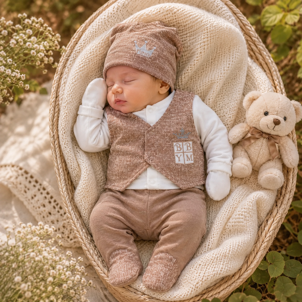 Set bebe Babyim baieti 6 piese body vesta pantaloni caciula si bavetica maro caramel 62 cm [2]