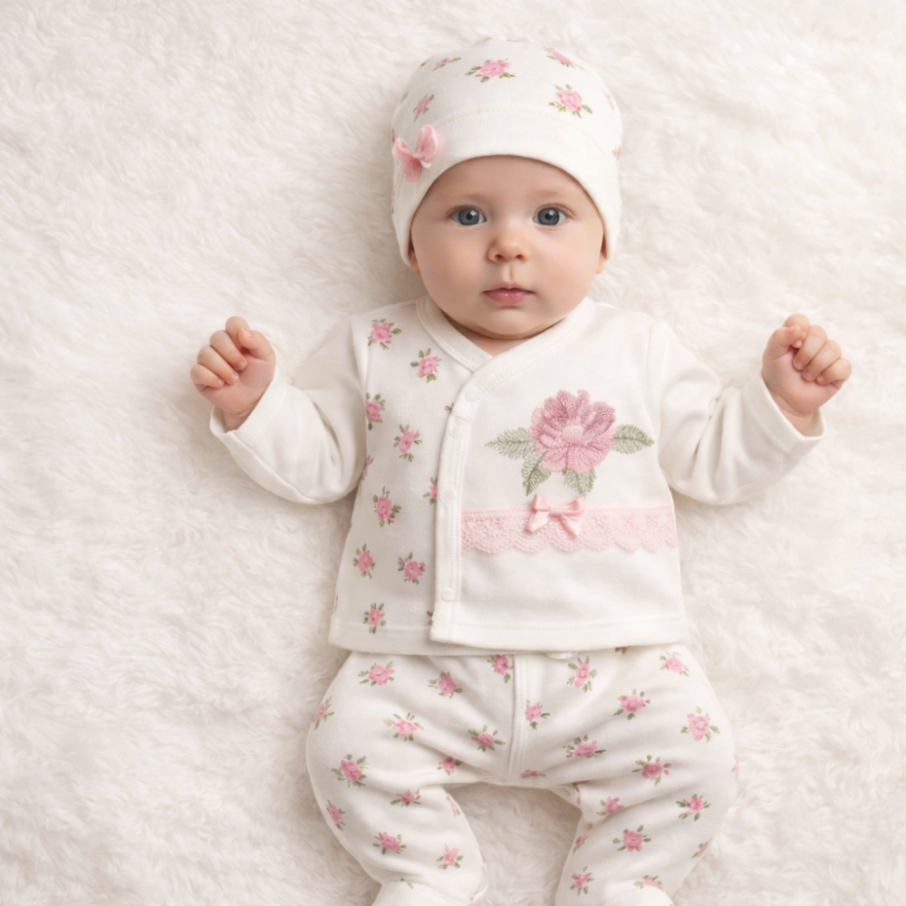 Set bebe bumbac brodat Babyim 0-3 luni model floral [2]