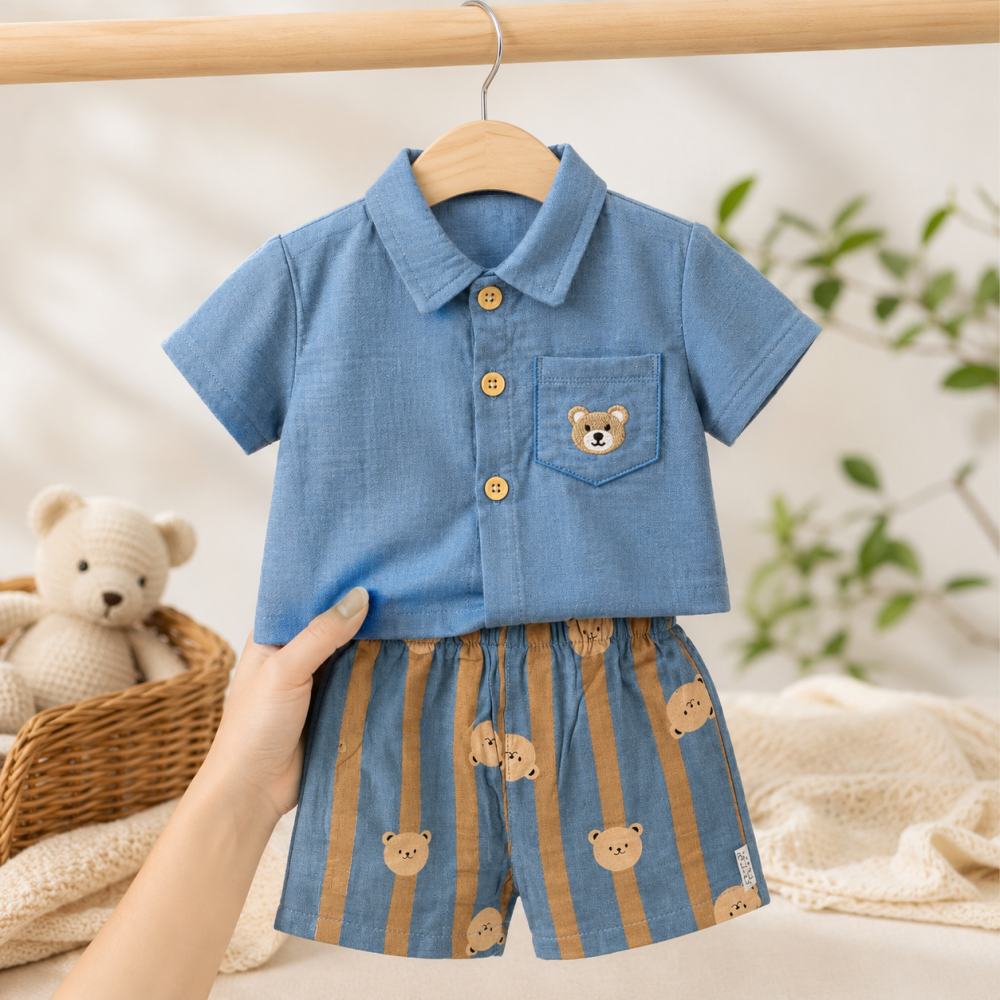 Set bebe camasa albastra si pantaloni scurti citir [2]