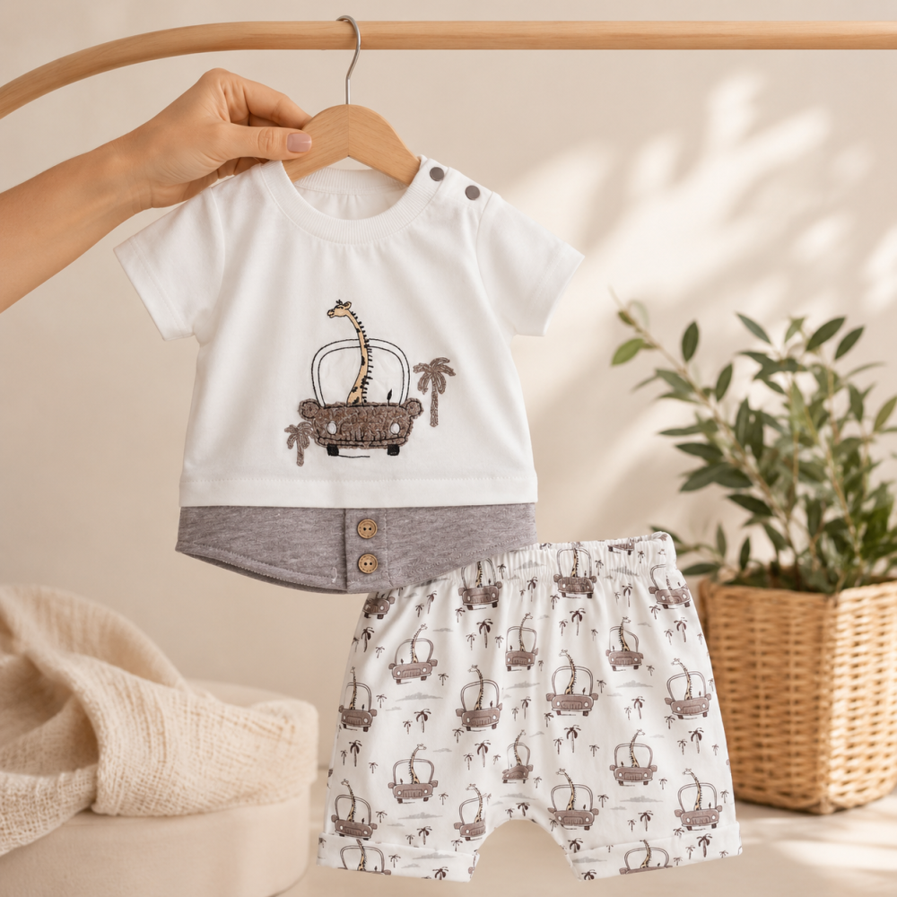 Set bebe de vara tricou si pantaloni scurti babyim maro [2]