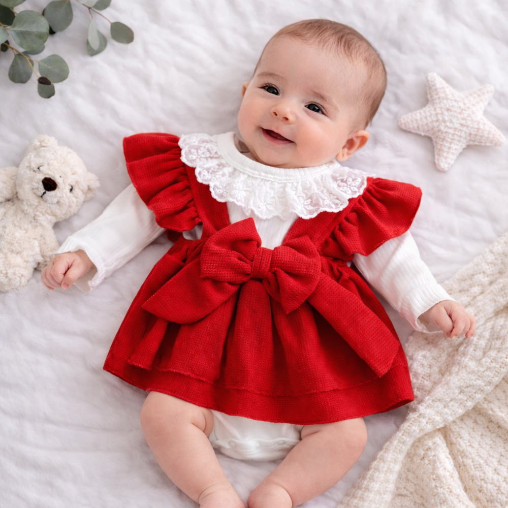 Set bebe fetita 2 piese body brodat si rochita rosie cu funda din bumbac [2]