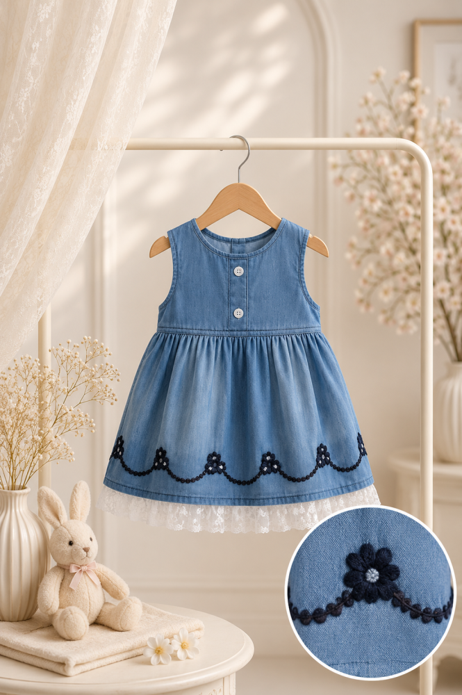 Set bebe rochie albastra din bumbac si pantofiori gri Oryeda [4]