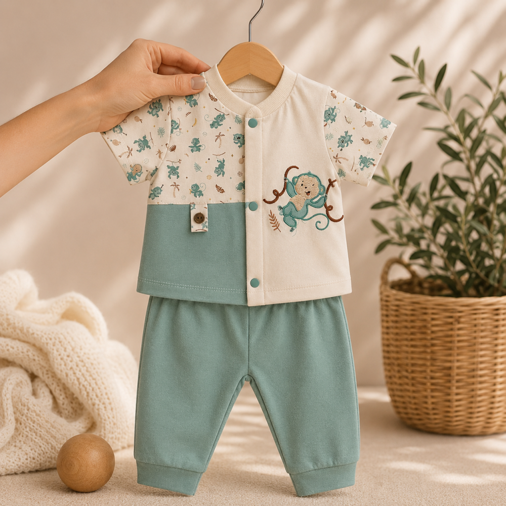 Set bebe tricou si pantaloni lungi babyim cu maimutica [2]