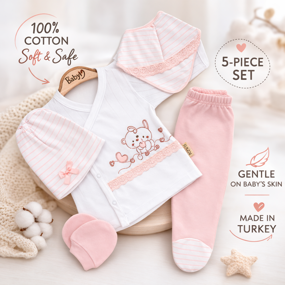 Set bebelusi 0-3 luni bumbac 5 piese urs roz [2]