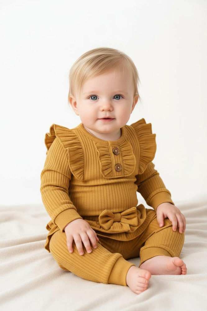 Set bebelusi 2 Piese – Body cu Volanase + Pantaloni cu Fundita [3]