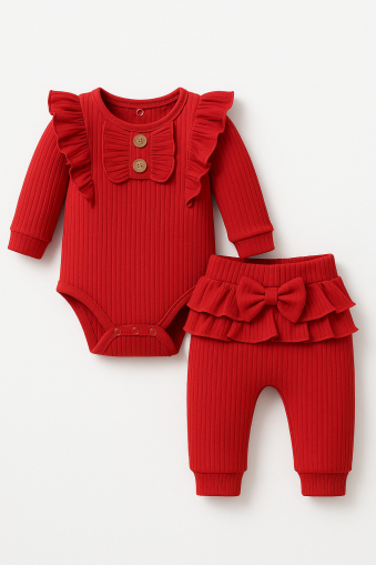 Set bebelusi 2 Piese – Body cu Volanase + Pantaloni cu Fundita - Rosu [4]