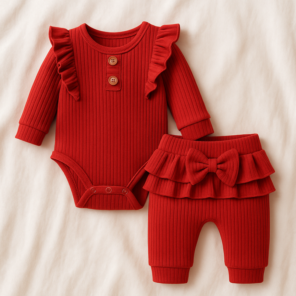 Set bebelusi 2 Piese – Body cu Volanase + Pantaloni cu Fundita - Rosu [3]