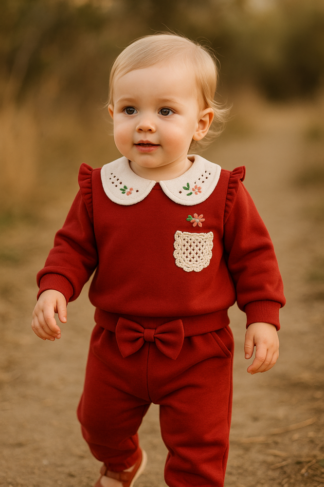 Set bluzita brodata cu guler decorativ si pantaloni cu fundita [1]