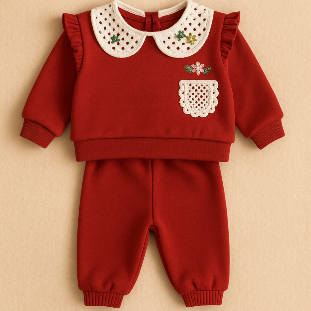 Set bluzita brodata cu guler decorativ si pantaloni cu fundita [2]