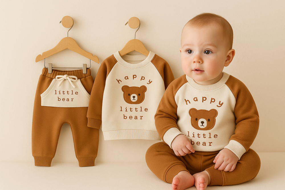 Set bluzita si pantaloni bebelus „Happy Little Bear” - Maro [1]