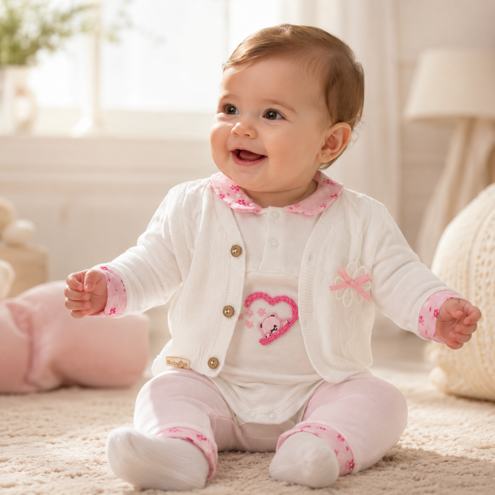 Set body maneca lunga, vesta si pantaloni fetite Babyim 100% bumbac roz 0-9 luni [4]