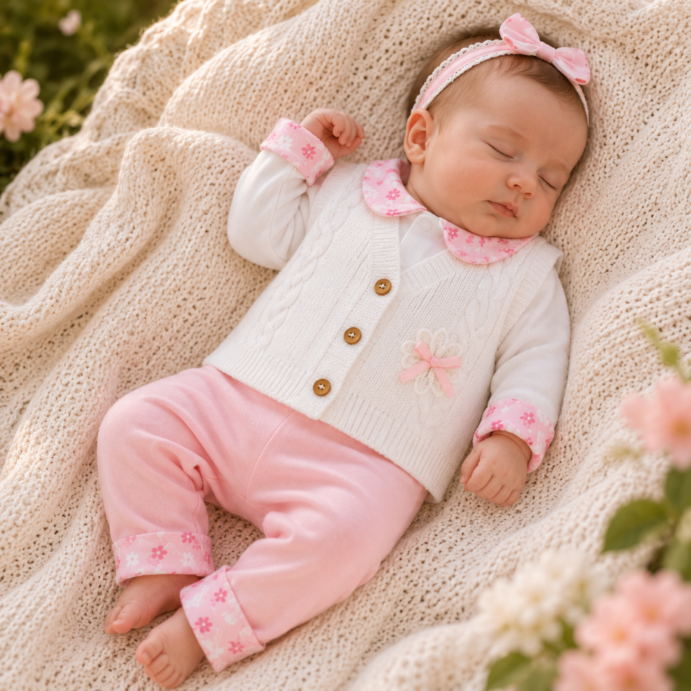 Set 3 piese copii body maneca lunga, vesta si pantaloni fetite Babyim 100% bumbac roz [4]
